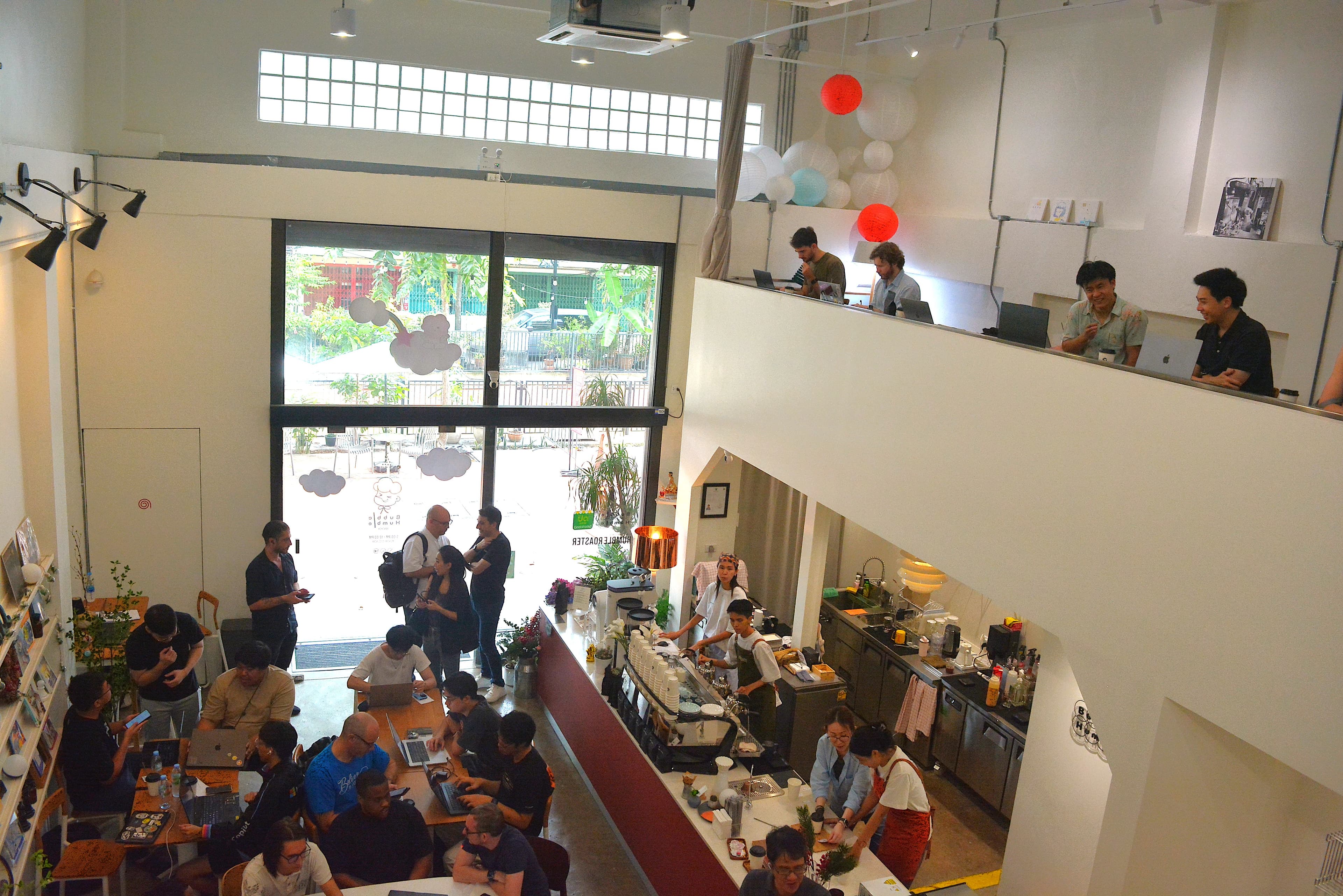 Multi-level café view, groups at different zones